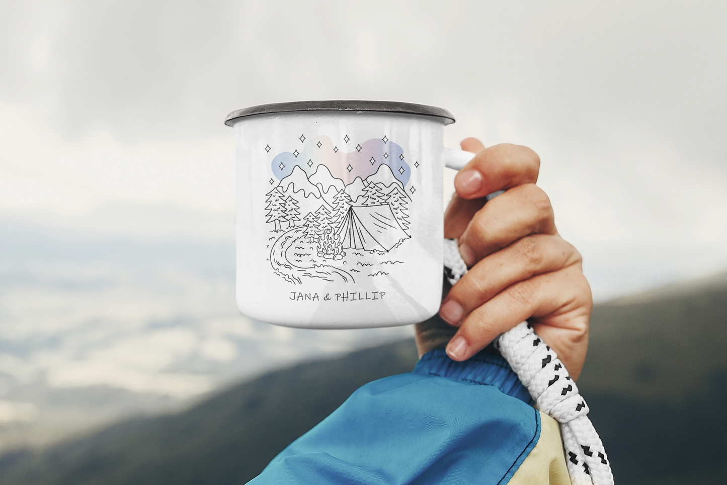Personalisierbare Emailletasse - Camping